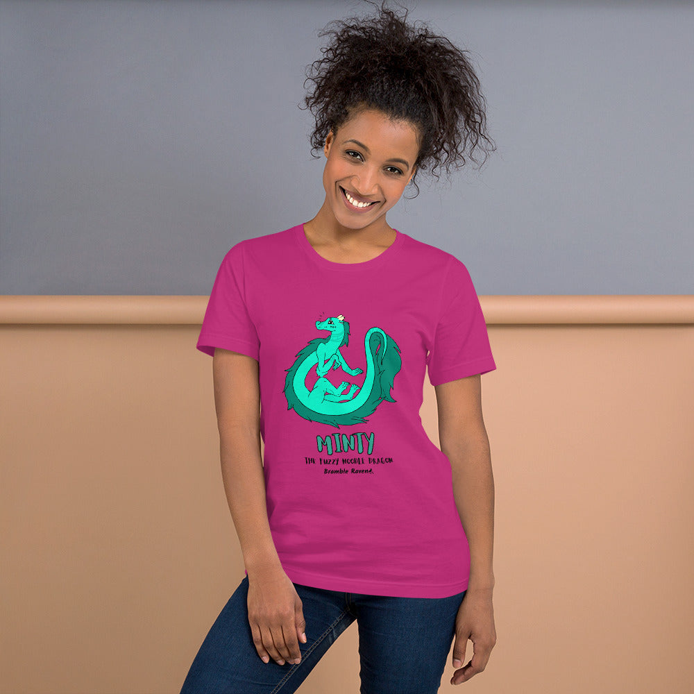 Minty the Fuzzy Noodle Dragon on a berry pink unisex t-shirt. Shown on a female model.