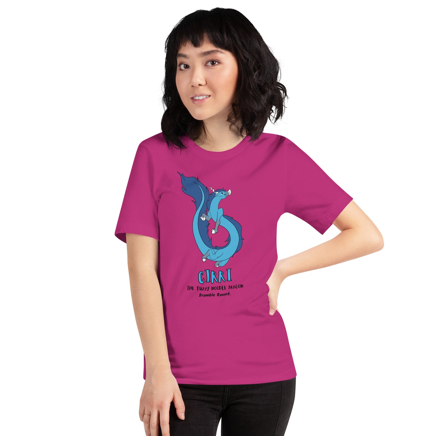 Cirri the Fuzzy Noodle Dragon on a berry pink unisex t-shirt. Shown on a female model.