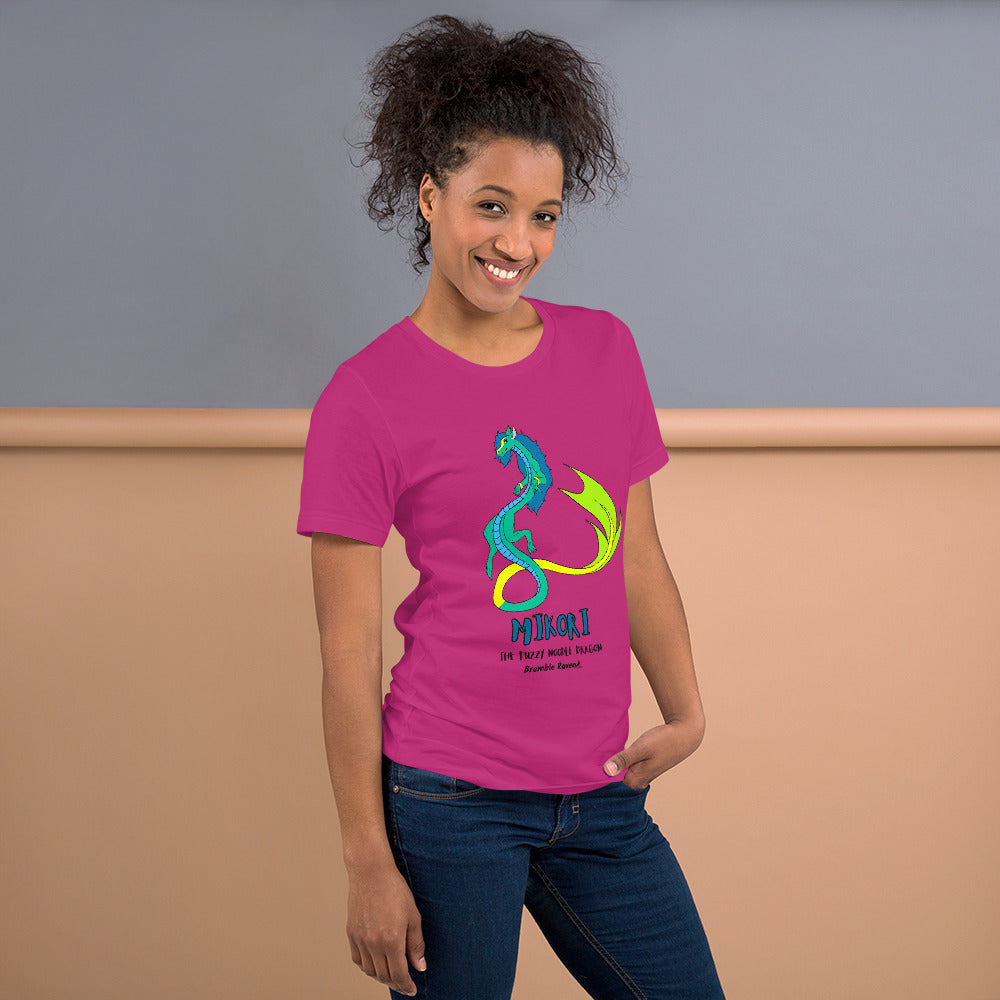 Mikori the Fuzzy Noodle Dragon on a berry pink unisex t-shirt. Shown on a female model.