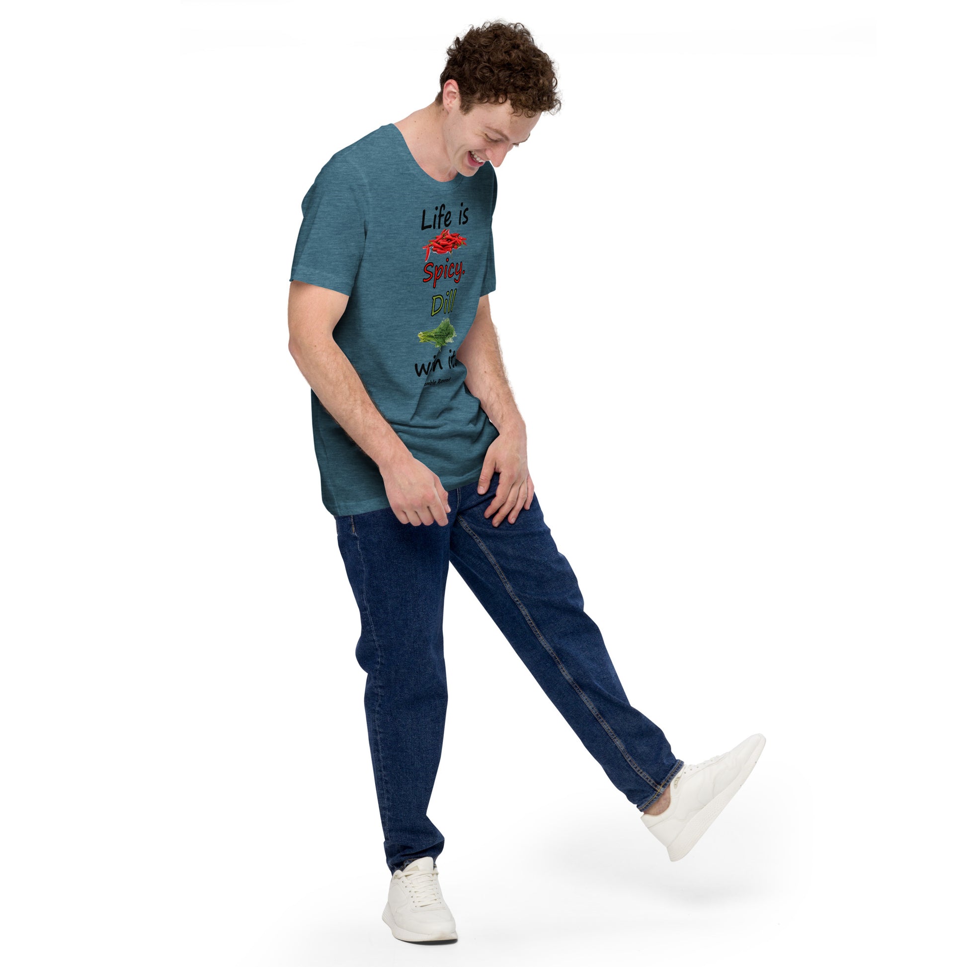 Heather deep teal colored unisex t-shirt. Features text: Life is Spicy. Dill with it. Graphic of chili peppers and dill weed. Made of preshrunk cotton with side seams. Shown on male model facing right.