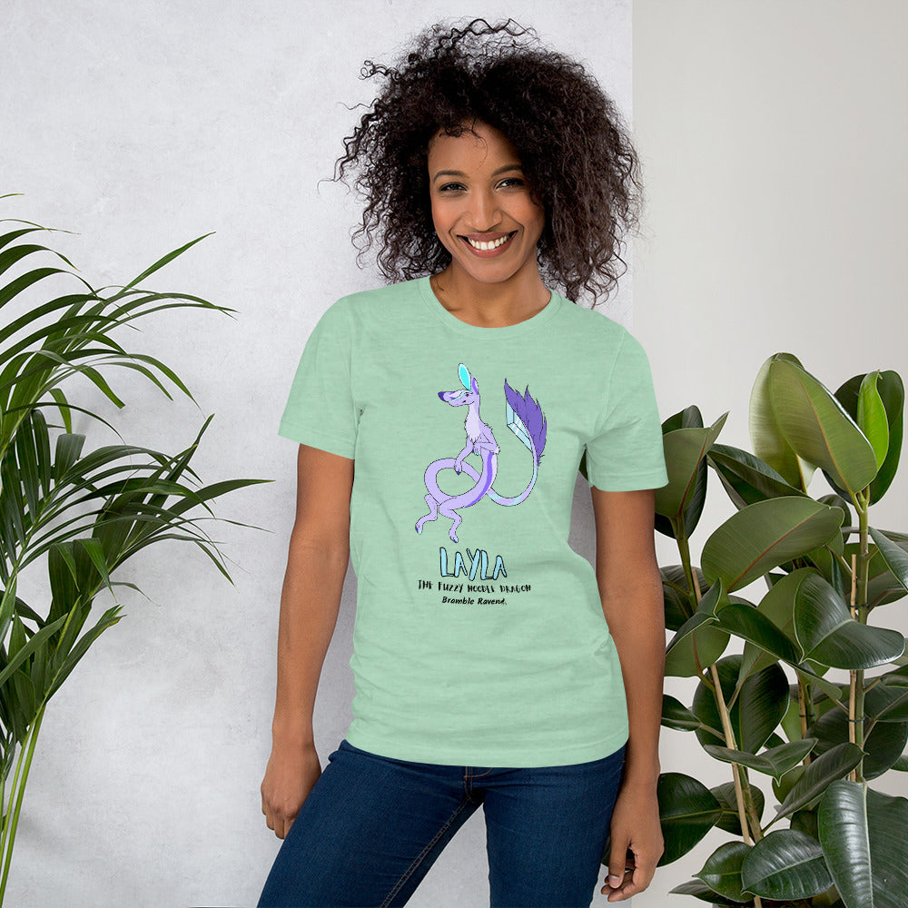 Layla the Fuzzy Noodle Dragon on a heather prism mint green unisex t-shirt. Shown on a female model.