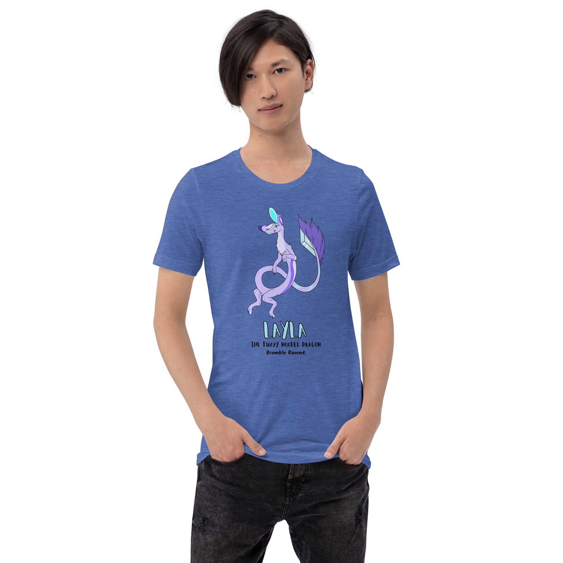 Layla the Fuzzy Noodle Dragon on a heather true royal blue unisex t-shirt. Shown on a male model.