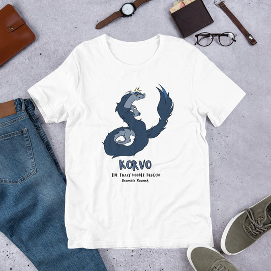 Korvo the angry Fuzzy Noodle Dragon on a white unisex t-shirt. Shown surrounded by pants, shoes, glasses, a watch, and wallet.
