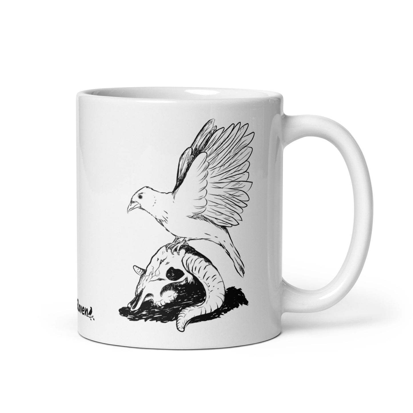 11 ounce white glossy mug featuring double sided print of Reflections, a design with a crow with wings outstretched on a sheep skull.