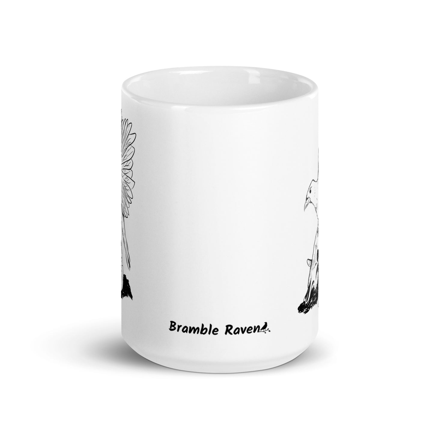 15 ounce white glossy mug featuring double sided print of Reflections, a design with a crow with wings outstretched on a sheep skull. Front view.