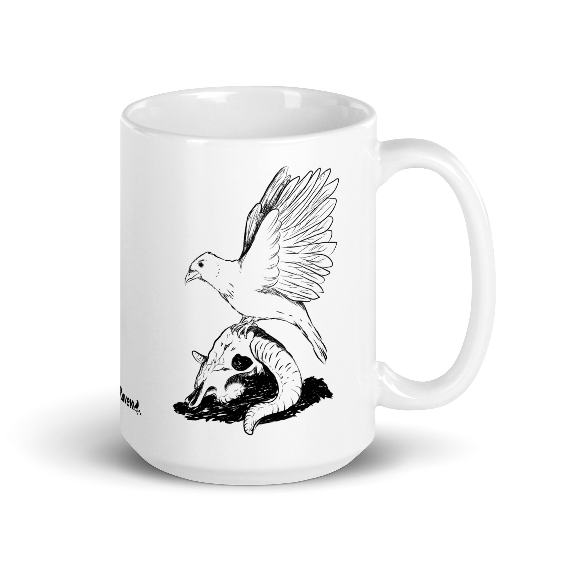 15 ounce white glossy mug featuring double sided print of Reflections, a design with a crow with wings outstretched on a sheep skull.