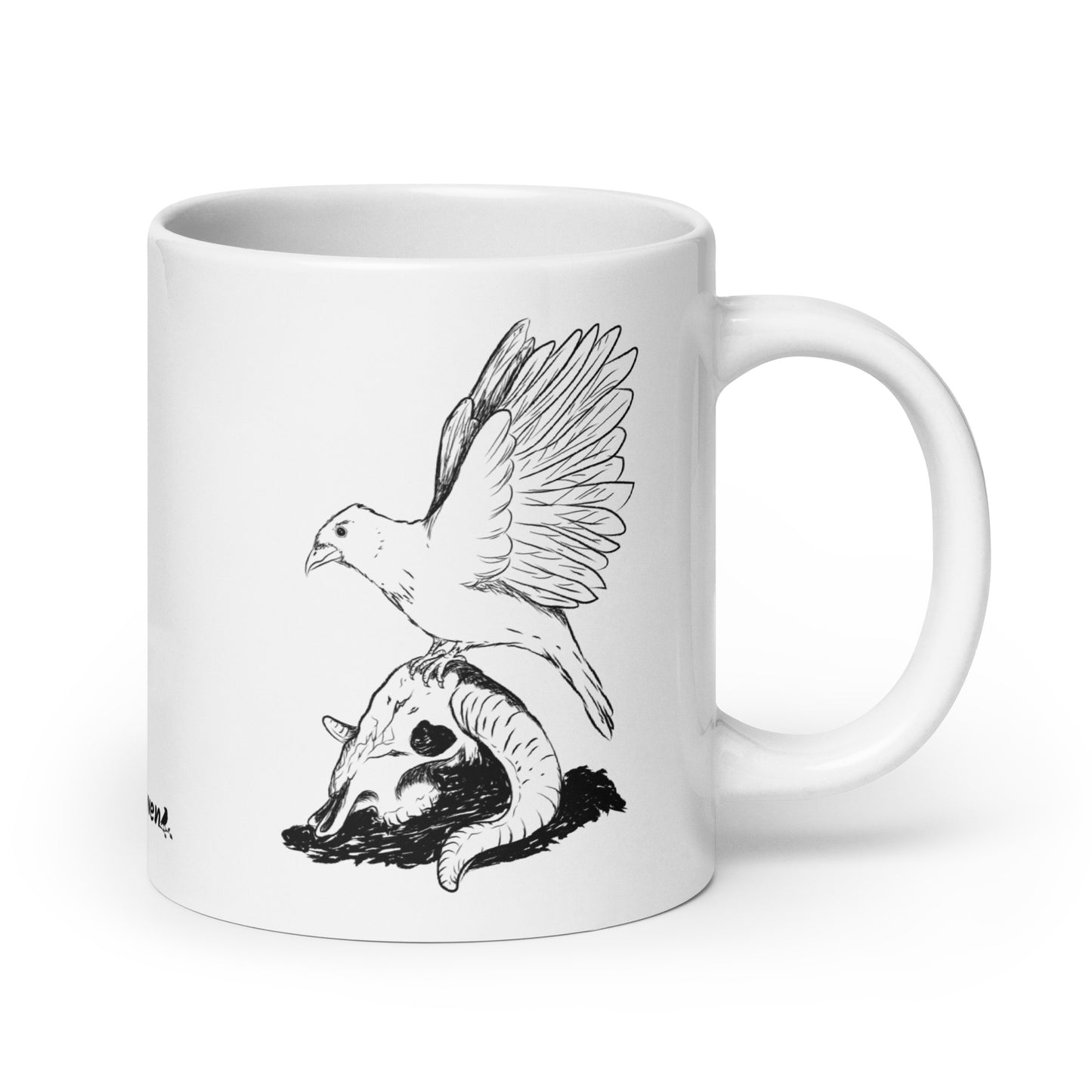 20 ounce white glossy mug featuring double sided print of Reflections, a design with a crow with wings outstretched on a sheep skull.