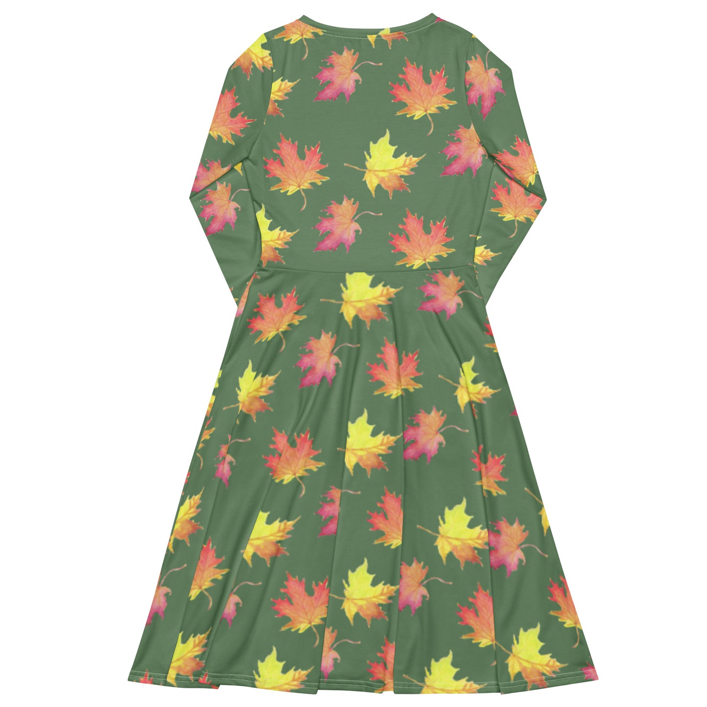 Long sleeve midi dress. Watercolor fall leaves patterned over an amulet green background. Soft and flattering fit. Boatline neck, fitted waist, flared bottom, and side pockets. Photo shows back of dress.