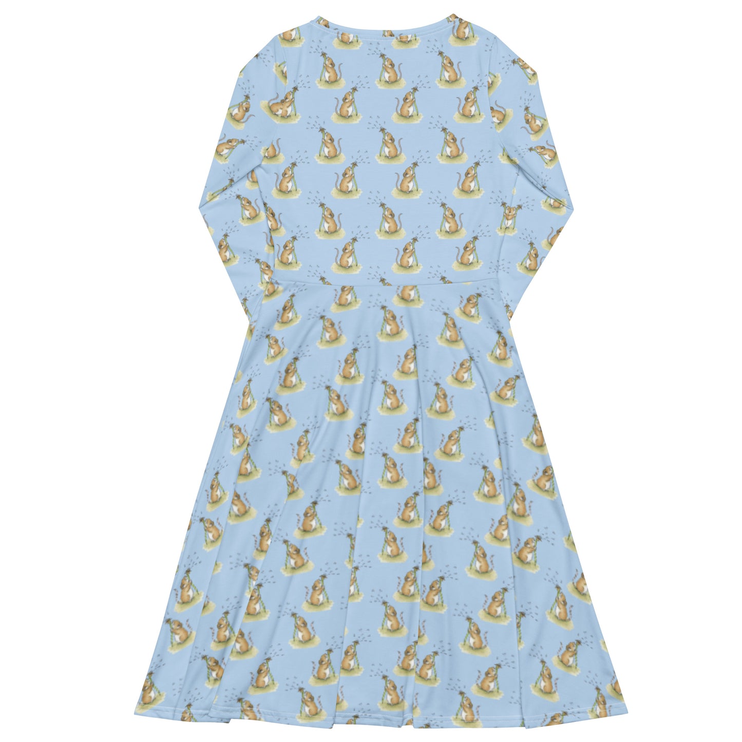 Dandelion Wish patterned long sleeve midi dress. Features patterned design of a mouse making a wish on a dandelion fluff against a light blue background. Dress has boat neckline, fitted waist, flared bottom, and side pockets. Flat lay showing the back of the dress.