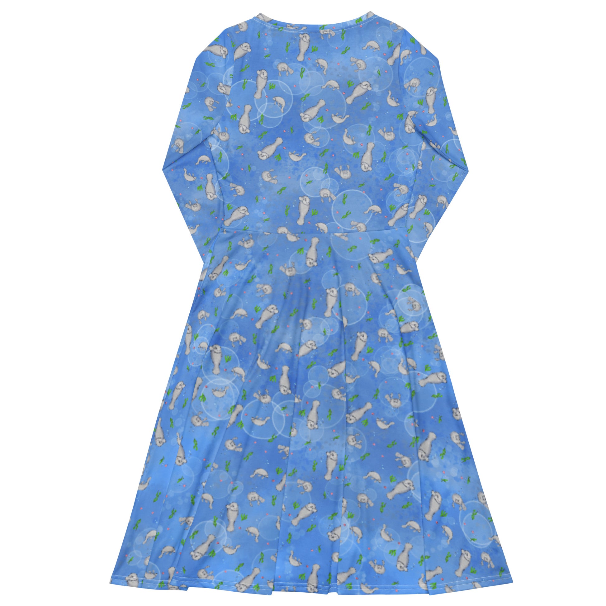 Long sleeve midi dress with fitted waist, flared bottom, and side pockets. Features a patterned design of manatees, seashells, seaweed, and bubbles on an ocean blue background. Flat lay view of back.