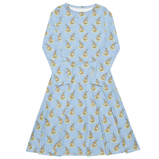 Dandelion Wish patterned long sleeve midi dress. Features patterned design of a mouse making a wish on a dandelion fluff against a light blue background. Dress has boat neckline, fitted waist, flared bottom, and side pockets. 