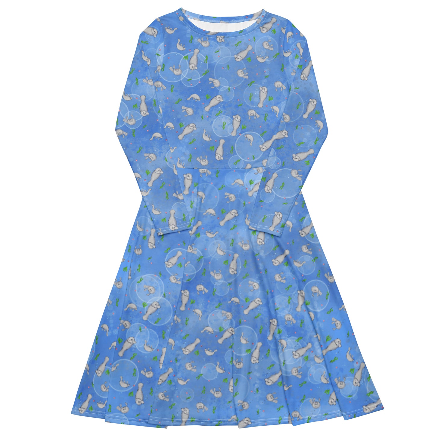 Long sleeve midi dress with fitted waist, flared bottom, and side pockets. Features a patterned design of manatees, seashells, seaweed, and bubbles on an ocean blue background.