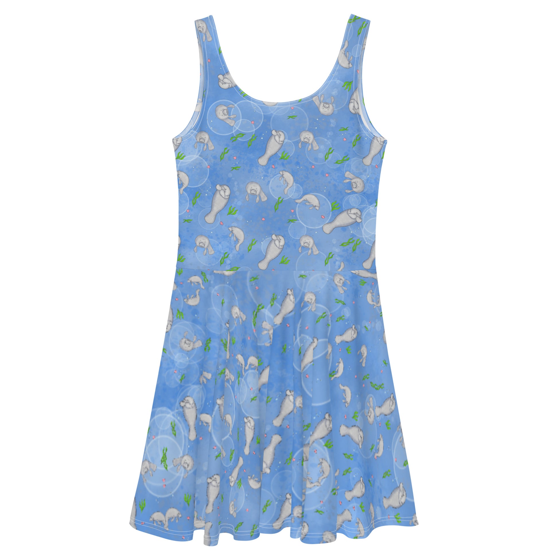 Sleeveless skater dress that features manatees on on ocean blue background. The soft fabric is made of 82% polyester and 18% spandex, so it is both smooth and stretchy. It has a mid-thigh length flared skirt and elastic waistline. Back view of dress.
