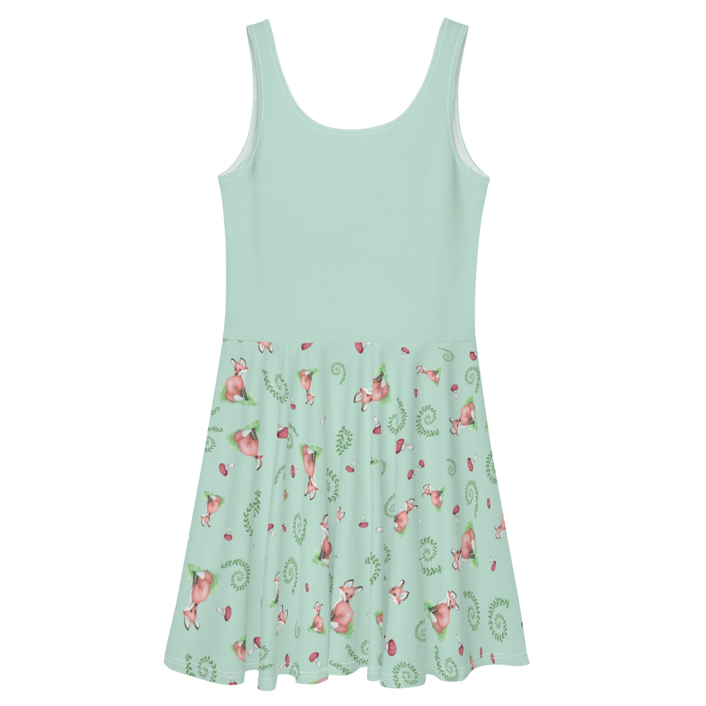 Sleeveless skater dress featuring watercolor foxes, mushrooms, and ferns on a light green fabric. Mid-thigh length flared skirt with a fitted elastic waist. Back view.