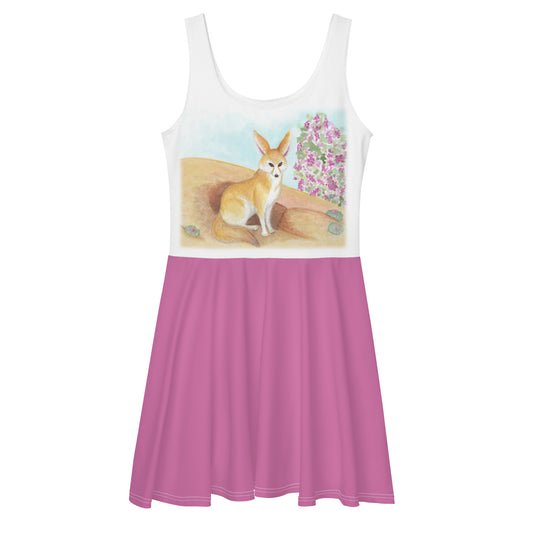 Sleeveless skater dress featuring a watercolor fennec fox desert print. It has a mid-thigh length flared pink skirt and elastic waistline.
