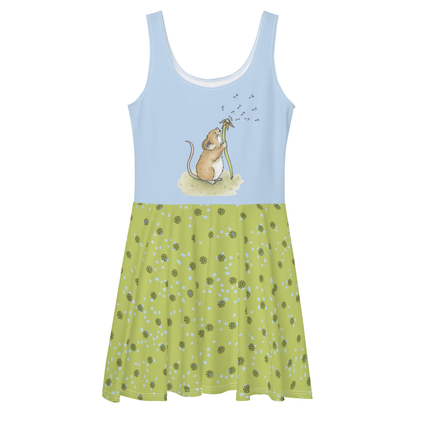 Sleeveless skater dress featuring Dandelion Wish design of a mouse making a wish on a dandelion fluff on a blue top. The mid-thigh length flared green skirt features flowers and dot details. Also has an elastic waistline.