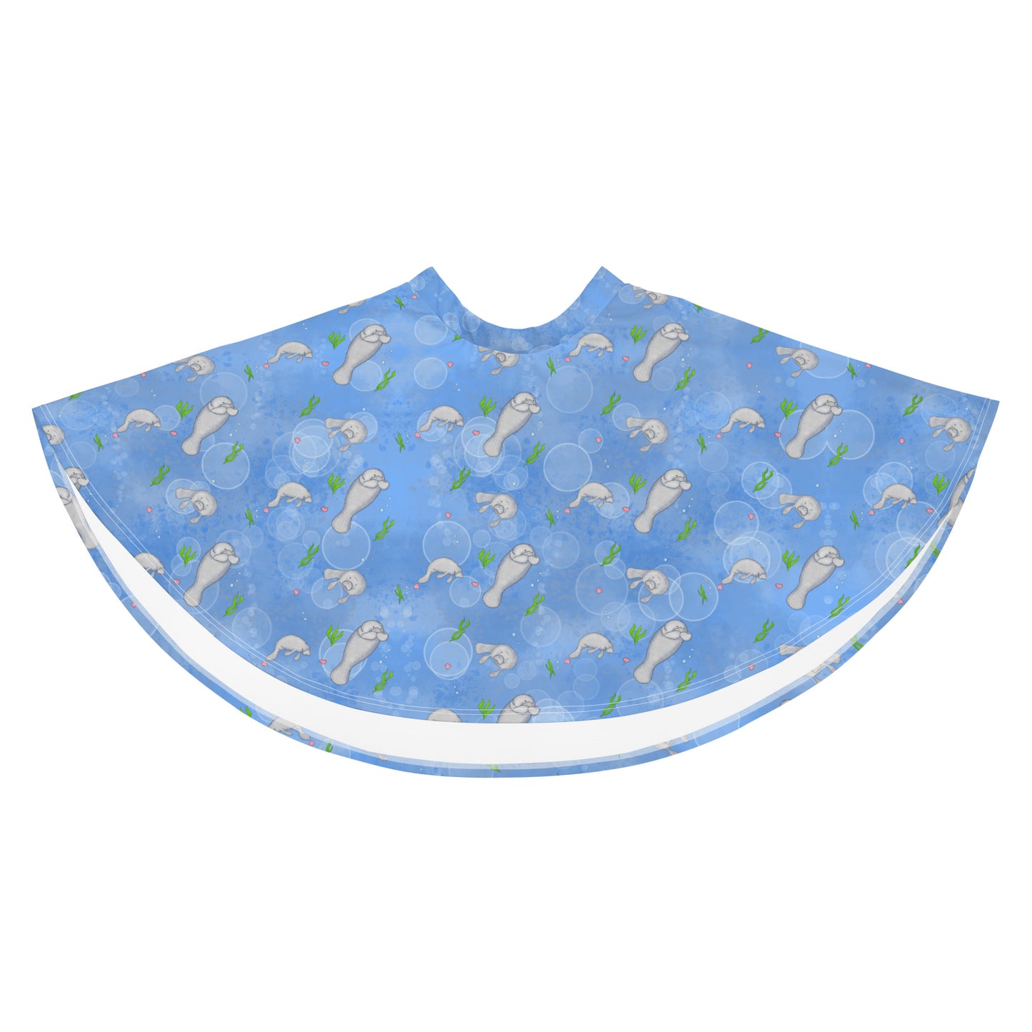 Manatee patterned skater skirt with elastic waist and mid-thigh length skirt. Has a pattern of manatees, seashells, seaweed and bubbles on a blue background. Flat lay view.