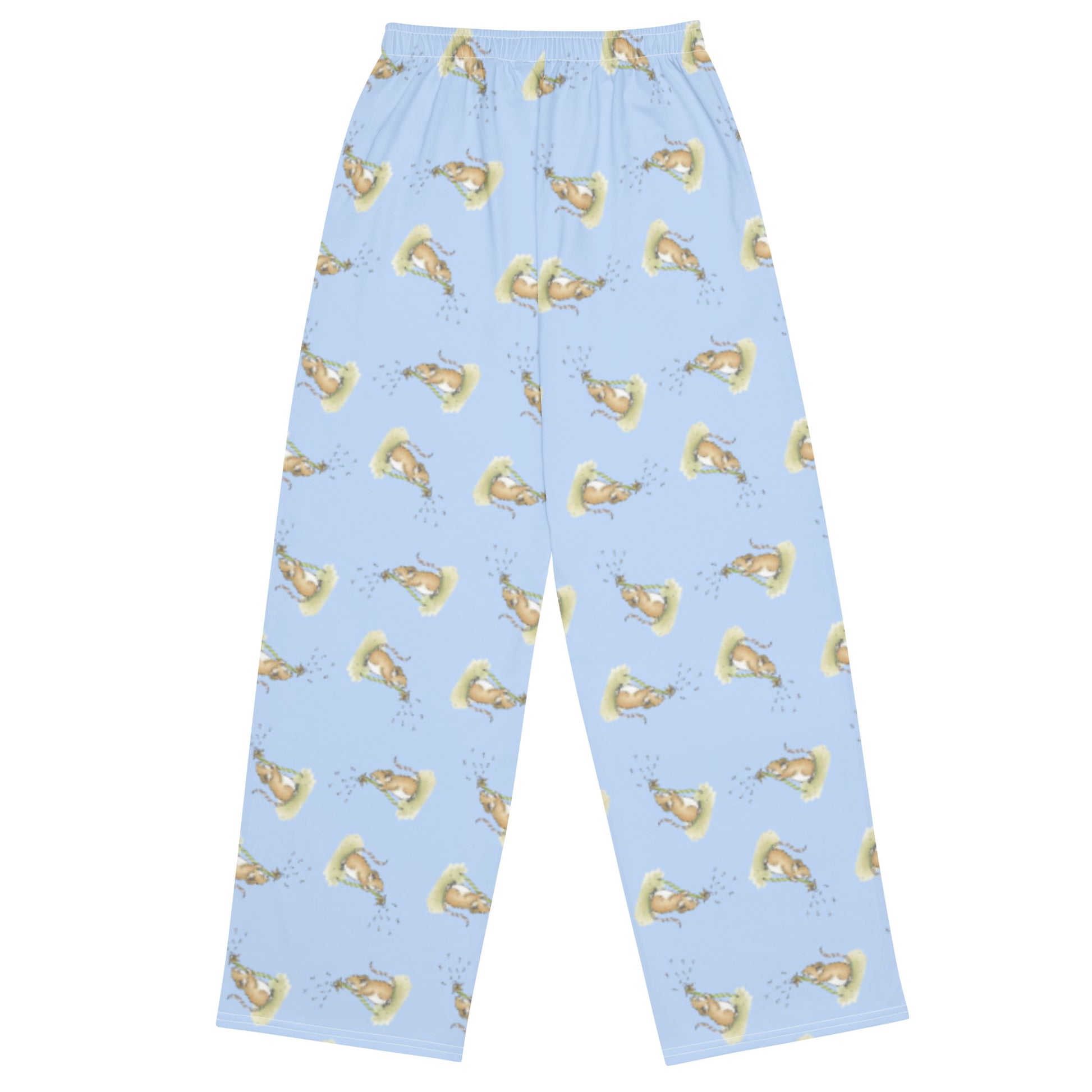 Unisex wide leg polyester pajama pants. Features dandelion wish patterned design on a light blue fabric. Has elastic waistband and white drawstring. Side pockets.