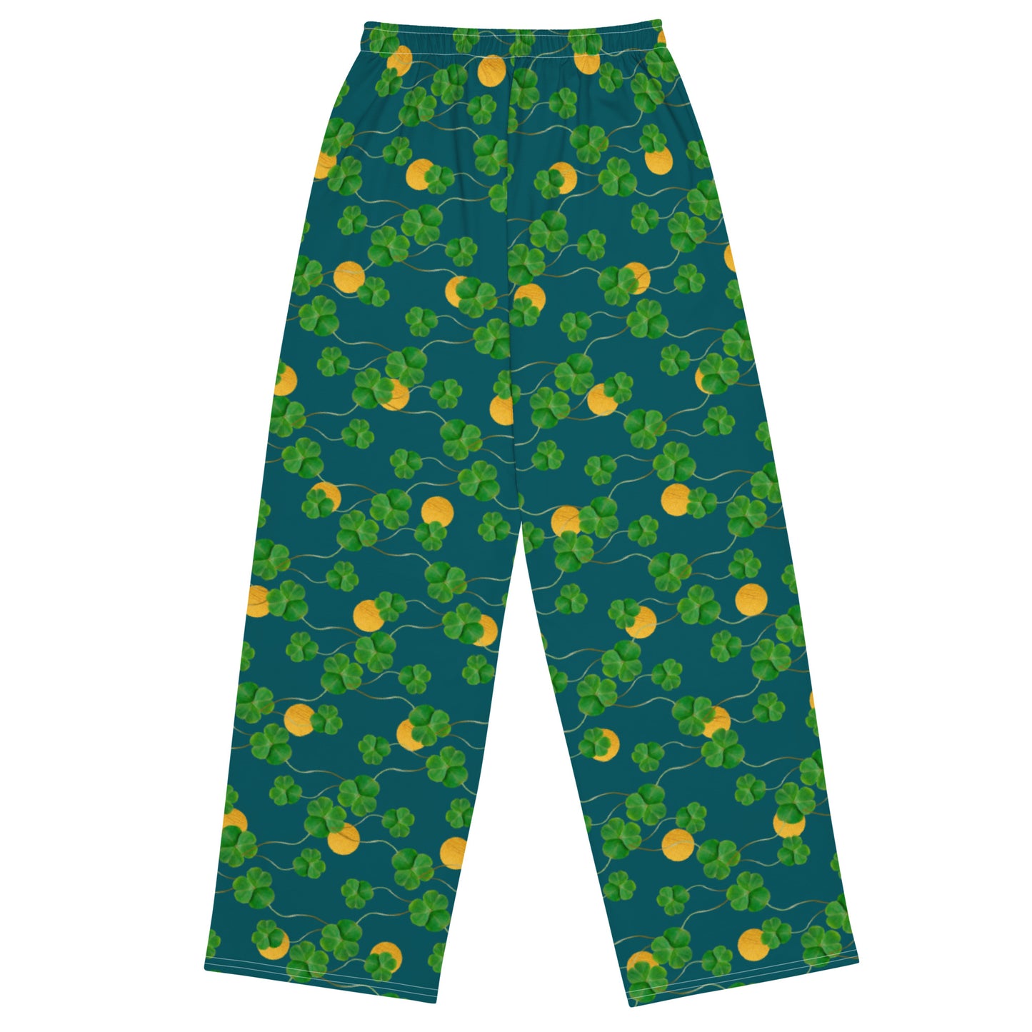 Unisex wide leg pants with side pockets, elastic waistband and drawstring.  Design features pattern of three-leaf clover and lucky gold coins on a blue-green background. Flat lay view.