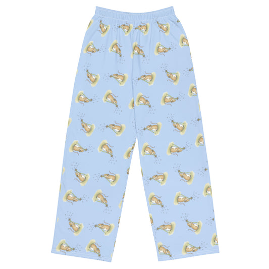 Unisex wide leg polyester pajama pants. Features dandelion wish patterned design on a light blue fabric. Has elastic waistband and white drawstring. Side pockets.