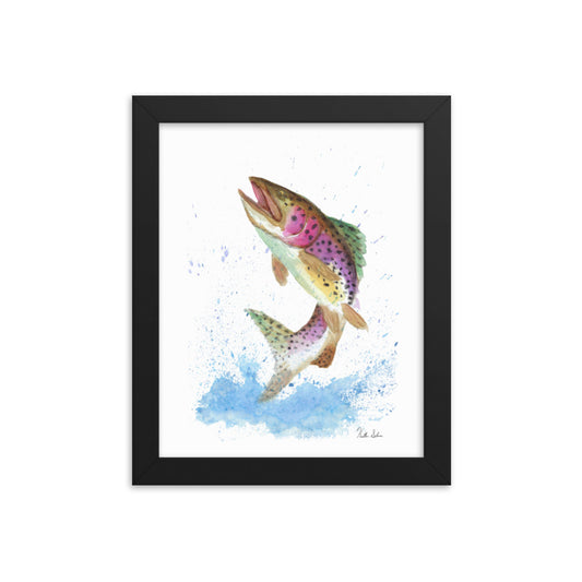 8x10 museum quality giclee printed matte poster paper art print in black ayous wood frame. Print design is an original watercolor rainbow trout painting. Has an acrylite cover and hanging hardware included.