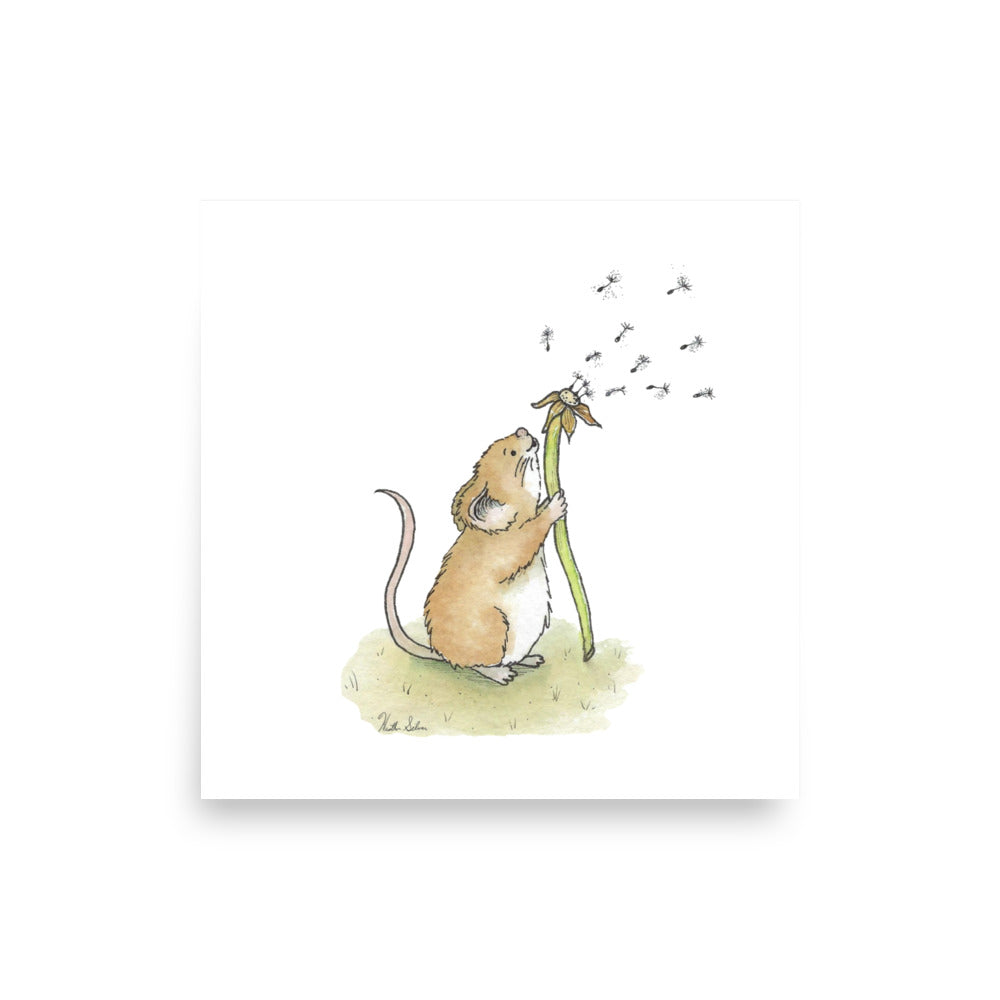 10x10 matte paper art print. Giclée quality printing. Design is a watercolor painting of a cute mouse blowing the seeds off a dandelion stem.