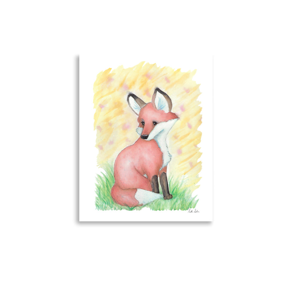11x14 museum quality giclee printed poster print. Design is an original watercolor fox sitting in the grass with a yellow background.