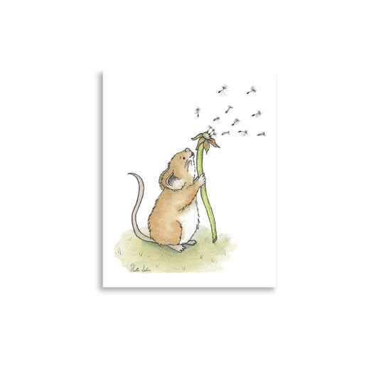 11x14 matte paper art print. Giclee quality printing. Design is a watercolor painting of a cute mouse blowing the seeds off a dandelion stem.