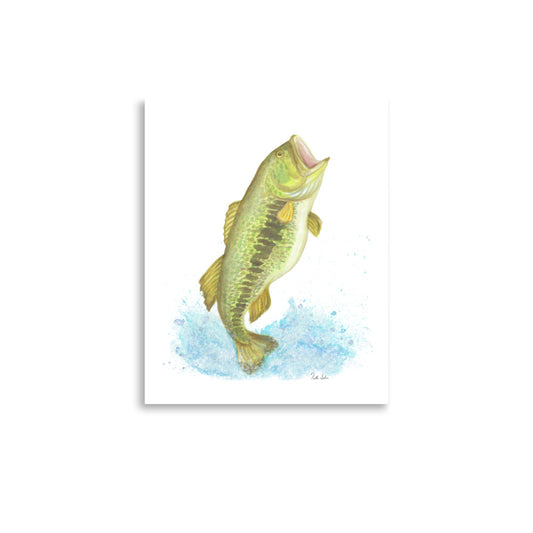 11 x 14 inch matte paper art print of an original watercolor painting of a largemouth bass leaping from the water.