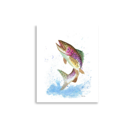 11 x 14 matte paper art print of an original watercolor painting featuring a rainbow trout leaping from the water. 