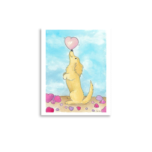 11 x 14 inch enhanced matte paper art print. Watercolor painting entitled Puppy love. Design shows a cute puppy balancing a heart on its nose, with hearts on the floor and a blue sky background.