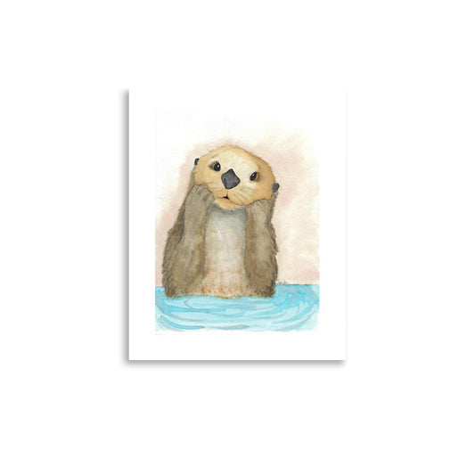 11 by 14 inch museum quality art print on matte paper with giclee printing. Print is of a watercolor painting called Otter Amazement of a sea otter with paws to his face.  Comes unframed.