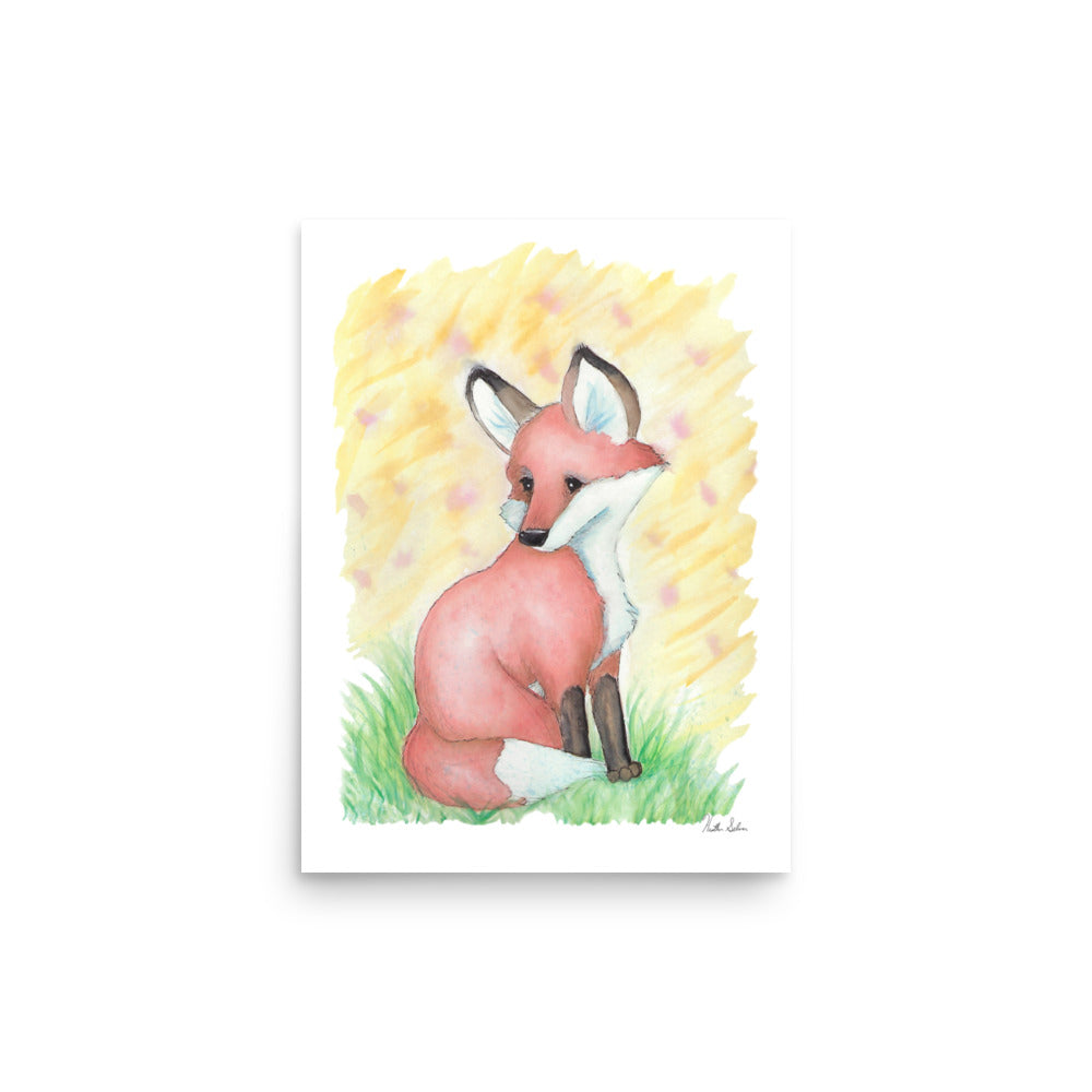 12x16 museum quality giclee printed poster print. Design is an original watercolor fox sitting in the grass with a yellow background.