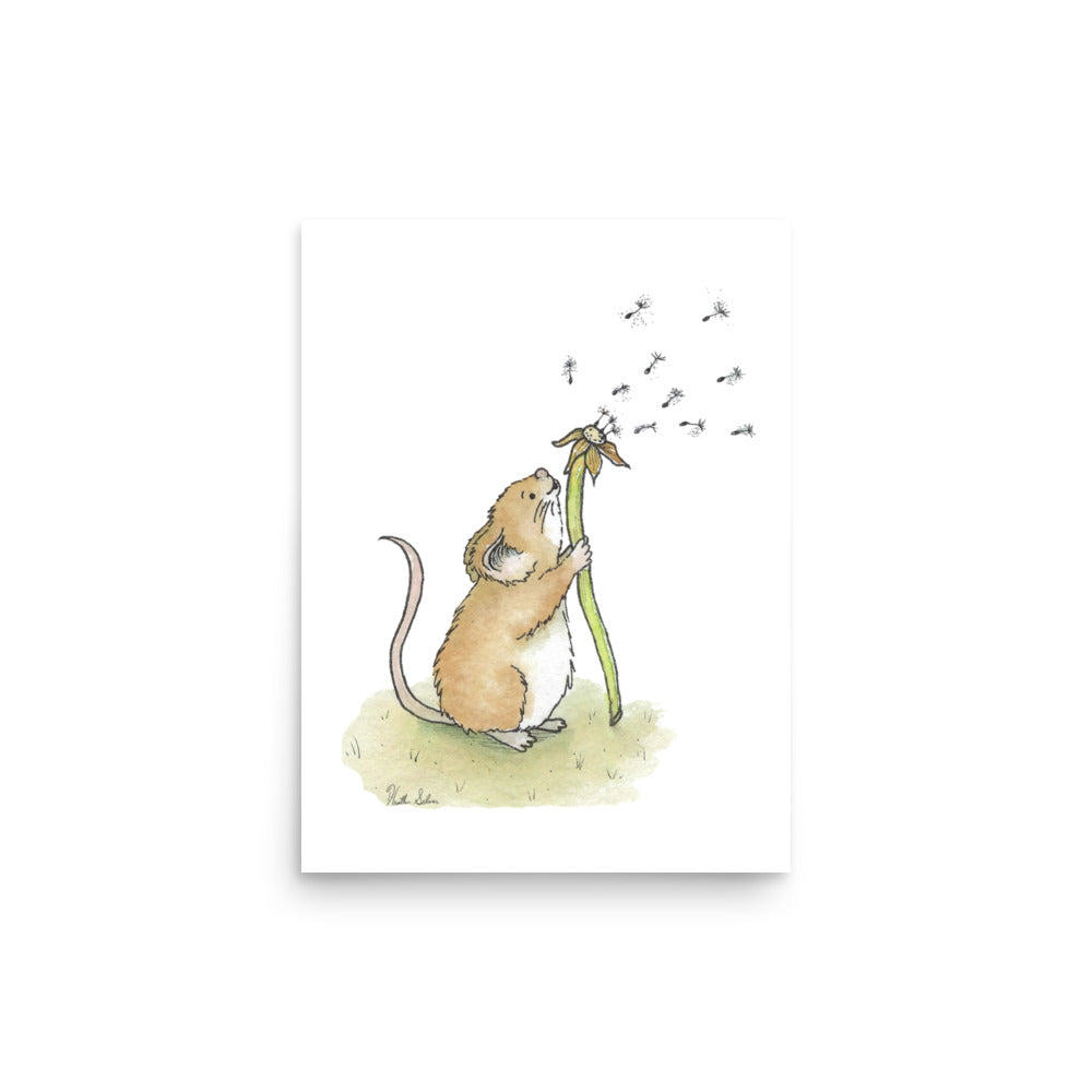12x16 matte paper art print. Giclée quality printing. Design is a watercolor painting of a cute mouse blowing the seeds off a dandelion stem.