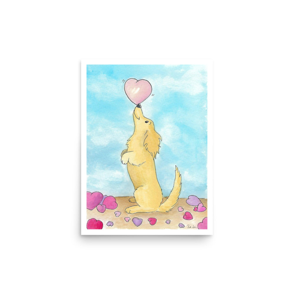 12 x 16 inch enhanced matte paper art print. Watercolor painting entitled Puppy love. Design shows a cute puppy balancing a heart on its nose, with hearts on the floor and a blue sky background.