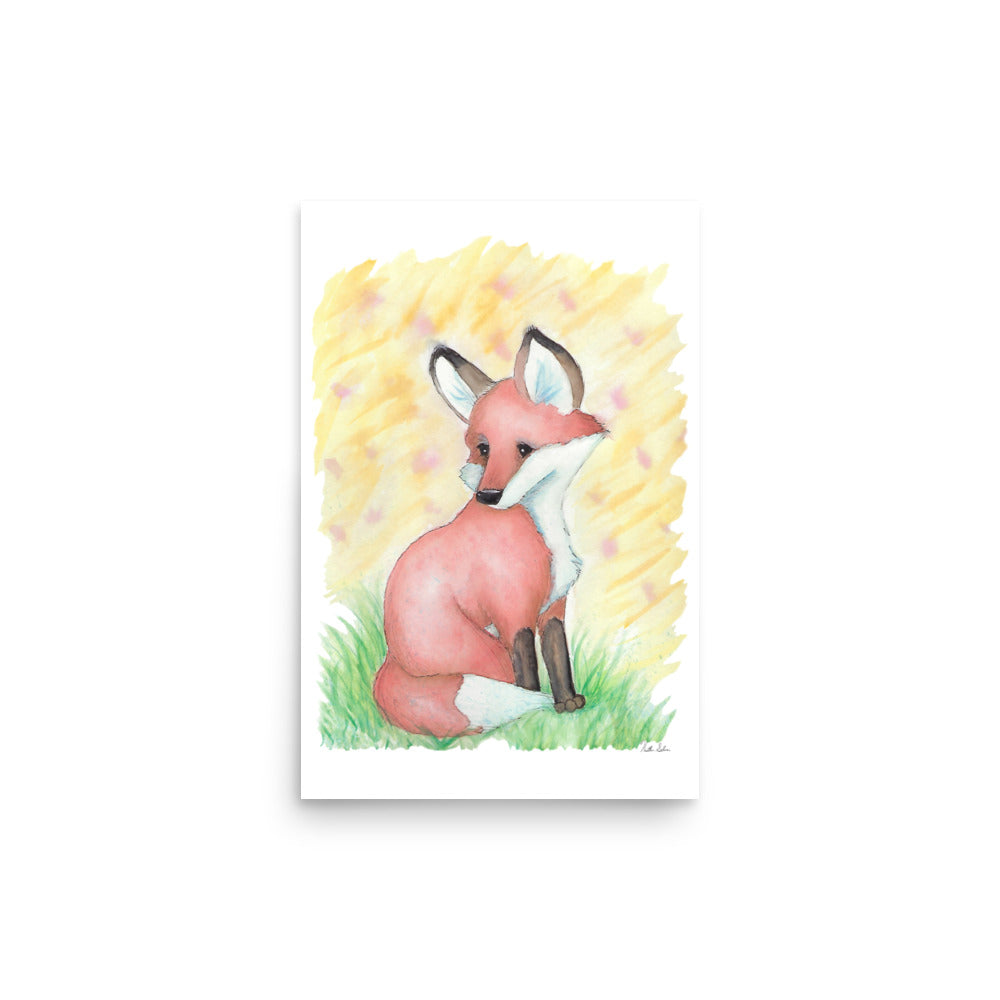 12x18 museum quality giclee printed poster print. Design is an original watercolor fox sitting in the grass with a yellow background.