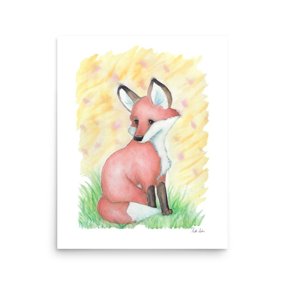 16x20 museum quality giclee printed poster print. Design is an original watercolor fox sitting in the grass with a yellow background.
