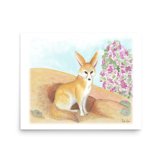 16x20 museum quality giclee printed poster print. Design is an original watercolor fennec fox in a desert scene.