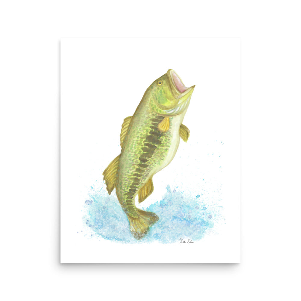 16 x 20 inch matte paper art print of an original watercolor painting of a largemouth bass leaping from the water.