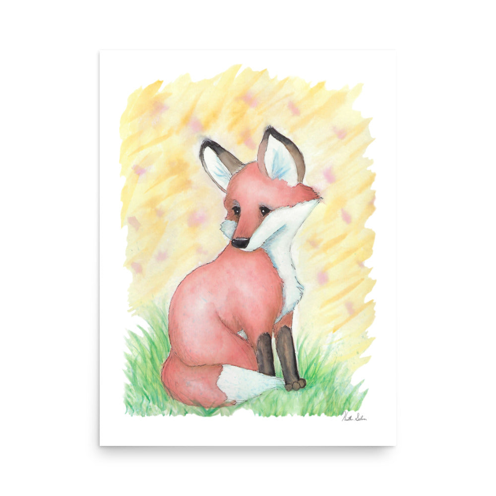 18x24 museum quality giclee printed poster print. Design is an original watercolor fox sitting in the grass with a yellow background.