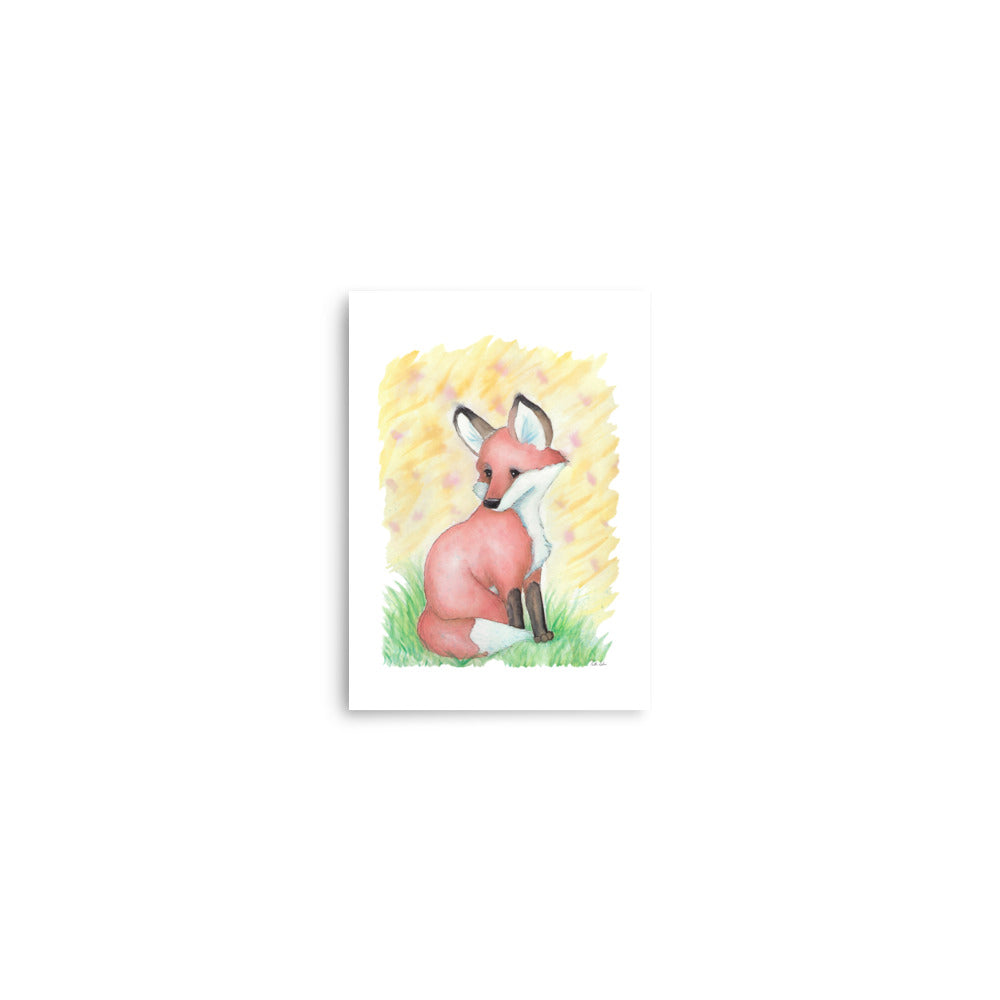 5x7 museum quality giclee printed poster print. Design is an original watercolor fox sitting in the grass with a yellow background.