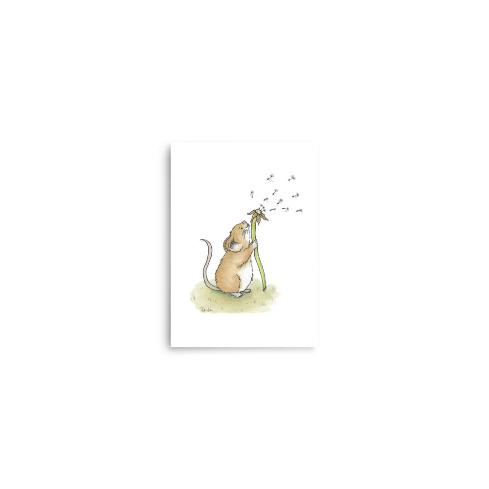 5x7 matte paper art print. Giclée quality printing. Design is a watercolor painting of a cute mouse blowing the seeds off a dandelion stem.