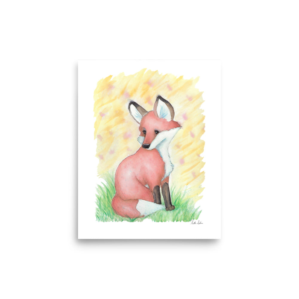 8x10 museum quality giclee printed poster print. Design is an original watercolor fox sitting in the grass with a yellow background.