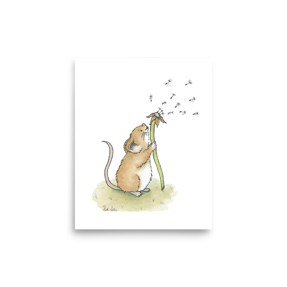 8x10 matte paper art print. Giclée quality printing. Design is a watercolor painting of a cute mouse blowing the seeds off a dandelion stem.