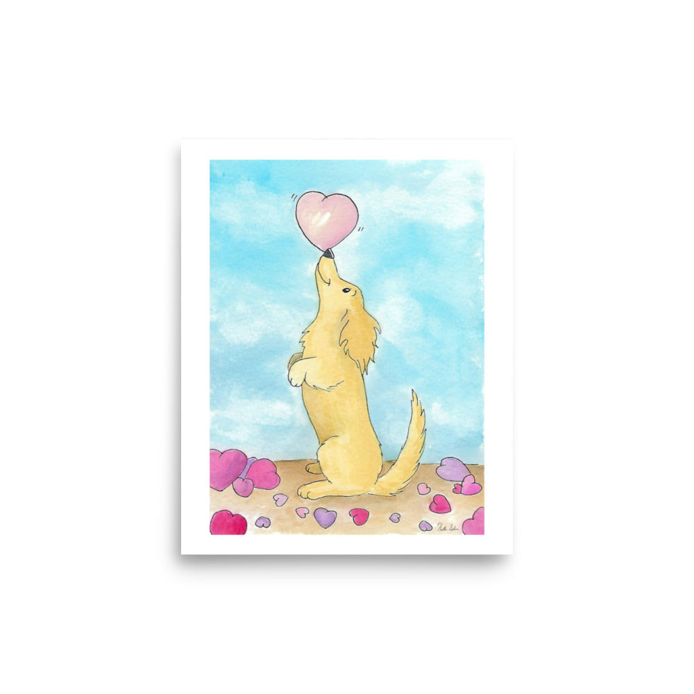 8 x 10 inch enhanced matte paper art print. Watercolor painting entitled Puppy love. Design shows a cute puppy balancing a heart on its nose, with hearts on the floor and a blue sky background.