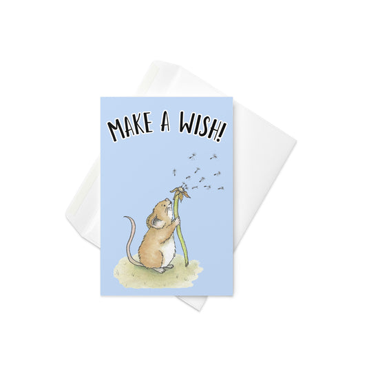 4x6 inch greeting card with white envelope. Inside is blank. Has watercolor print of a cute mouse making a wish on a dandelion fluff on a blue background.