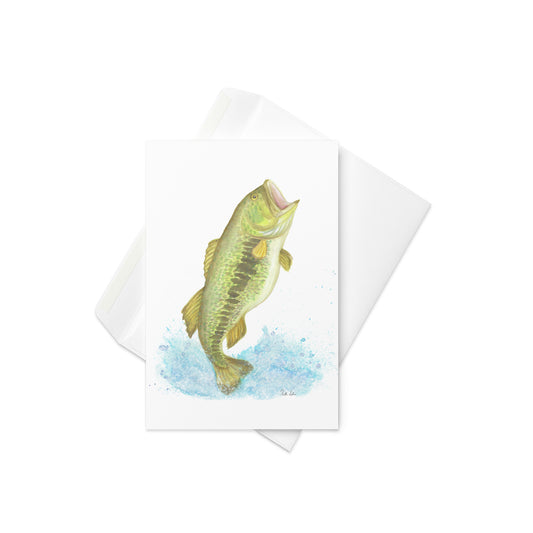 4 by 6 inch greeting card with white envelope. Features watercolor print of a largemouth bass leaping from the water. Inside is blank. Made of durable paperboard with vibrant printing.