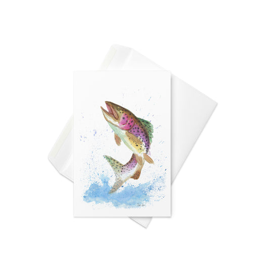 4 by 6 inch greeting card with white envelope. Features watercolor print of a rainbow trout leaping from the water. Inside is blank. Made of durable paperboard with vibrant printing.