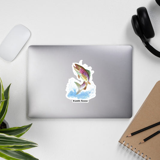 5.5 inch kiss-cut vinyl sticker with white border. Features original watercolor painting of a rainbow trout leaping from the water. Shown on a laptop.
