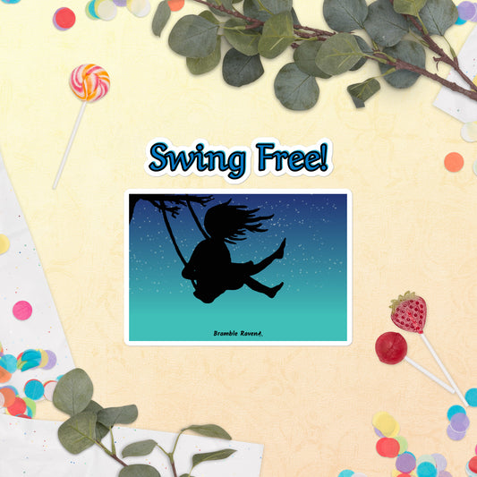 Original Swing Free design of a girl's silhouette in a tree swing against the backdrop of a blue starry sky. Rectangle design kiss cut vinyl sticker with white border. Also has Swing Free! text kiss cut vinyl sticker. 5.5 inches.